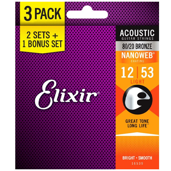 Elixir 16539 Nanoweb Acoustic Guitar String Bronze Light Bright Smooth 3 Pack (12-53)