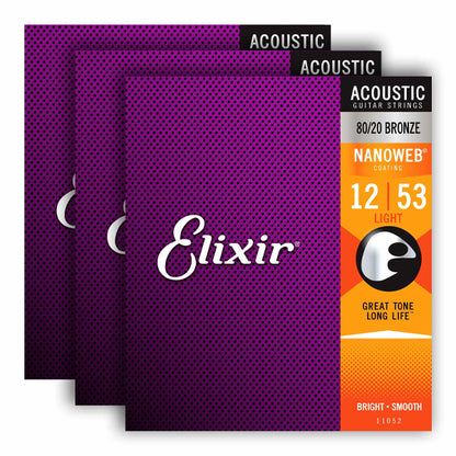 Elixir 16539 Nanoweb Acoustic Guitar String Bronze Light Bright Smooth 3 Pack (12-53)