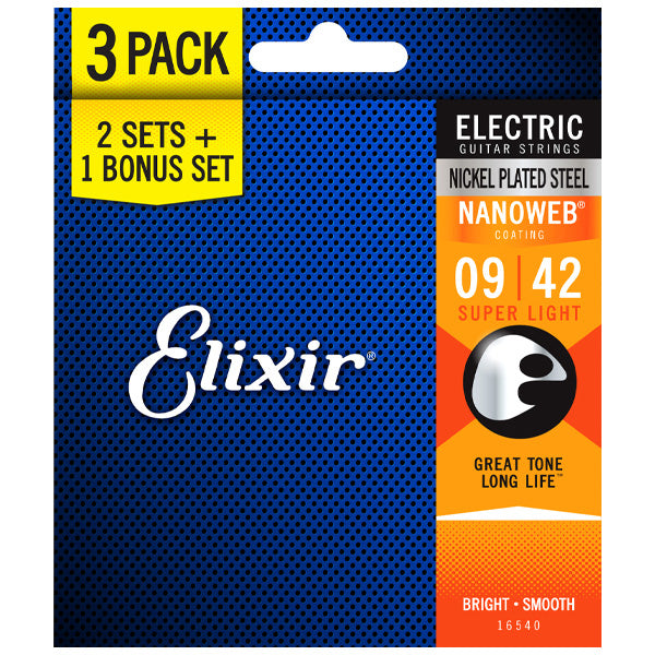 Elixir 16540 Nanoweb Electric Guitar String Super Light Bright Smooth 3 Pack (09-42)