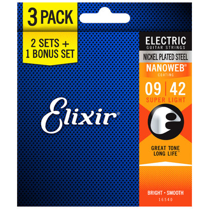 Elixir 16540 Nanoweb Electric Guitar String Super Light Bright Smooth 3 Pack (09-42)