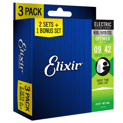 Elixir 16550 Optiweb Electric Guitar String Super Light Crisp Natural 3 Pack (09-42)