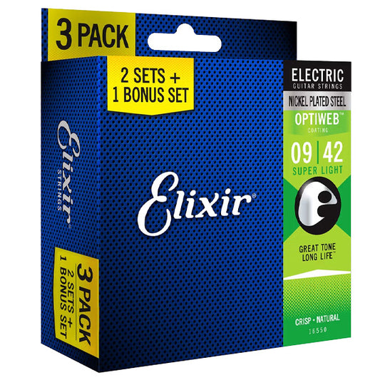 Elixir 16550 Optiweb Electric Guitar String Super Light Crisp Natural 3 Pack (09-42)