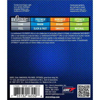 Elixir 16550 Optiweb Electric Guitar String Super Light Crisp Natural 3 Pack (09-42)