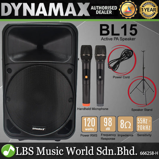 Dynamax BL15 15 Inch 120 Watt Portable Bluetooth Rechargeable Active PA Speaker with 2 UHF Handheld Microphone