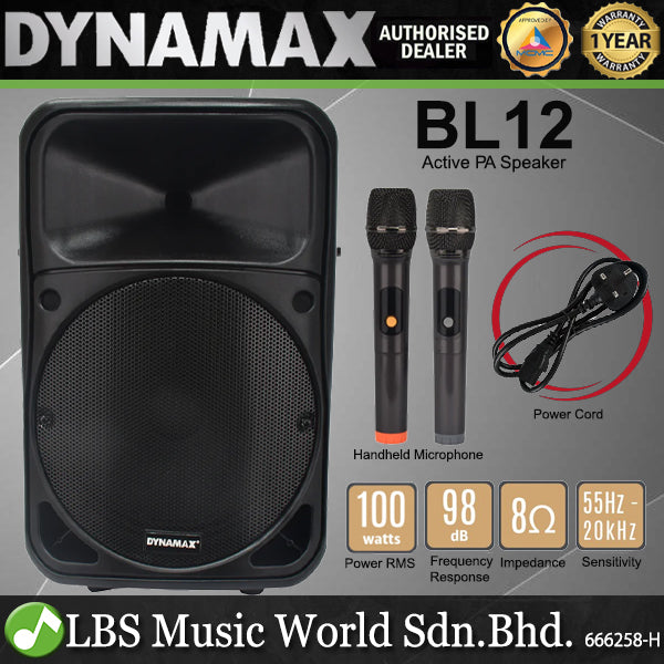 Dynamax BL12 12 Inch 100 Watt Portable Bluetooth Rechargeable Active PA Speaker with 2 UHF Handheld Microphone