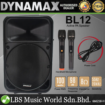 Dynamax BL12 12 Inch 100 Watt Portable Bluetooth Rechargeable Active PA Speaker with 2 UHF Handheld Microphone