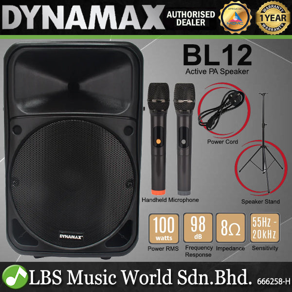 Dynamax BL12 12 Inch 100 Watt Portable Bluetooth Rechargeable Active PA Speaker with 2 UHF Handheld Microphone