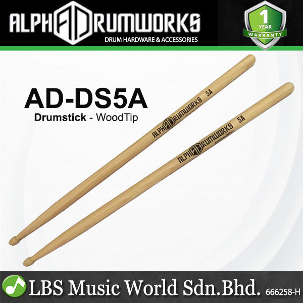 Alpha Drumworks AD-DS5A Drumstick American Hickory Series Wood Tip Drum Stick - 5A (ADDS5A AD DS5A)