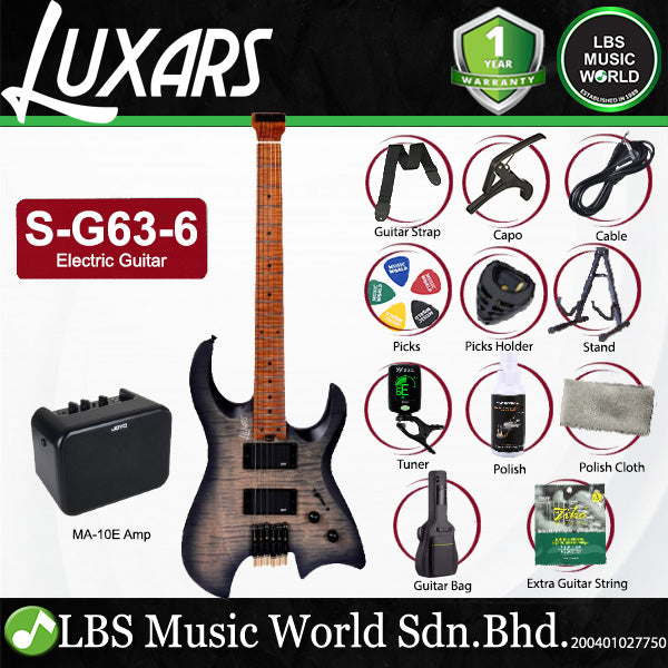 Luxars S-G63-6 Headless Electric Guitar HH Alnico V Pickups with Roasted Maple Fretboard and Package Amplifier (S G63 6)