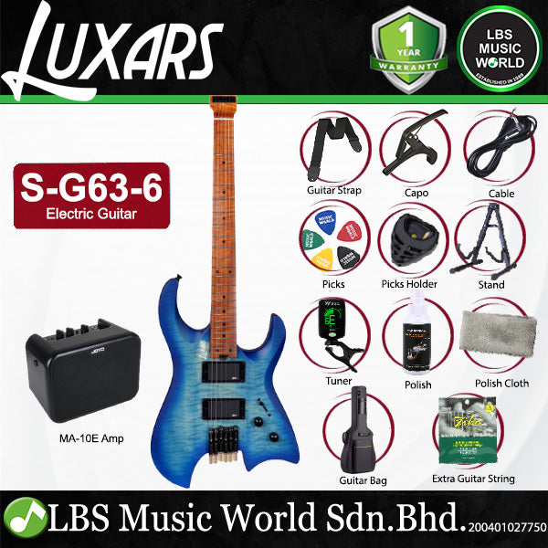 Luxars S-G63-6 Headless Electric Guitar HH Alnico V Pickups with Roasted Maple Fretboard and Package Amplifier (S G63 6)