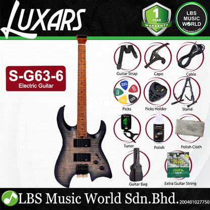 Luxars S-G63-6 Headless Electric Guitar HH Alnico V Pickups with Roasted Maple Fretboard (S G63 6)