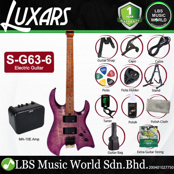 Luxars S-G63-6 Headless Electric Guitar HH Alnico V Pickups with Roasted Maple Fretboard and Package Amplifier (S G63 6)
