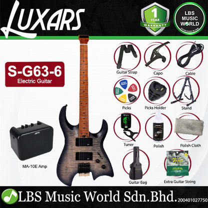 Luxars S-G63-6 Headless Electric Guitar HH Alnico V Pickups with Roasted Maple Fretboard and Package Amplifier (S G63 6)