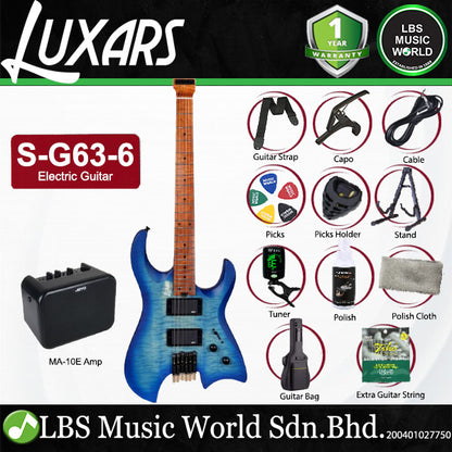 Luxars S-G63-6 Headless Electric Guitar HH Alnico V Pickups with Roasted Maple Fretboard and Package Amplifier (S G63 6)