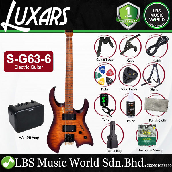 Luxars S-G63-6 Headless Electric Guitar HH Alnico V Pickups with Roasted Maple Fretboard and Package Amplifier (S G63 6)
