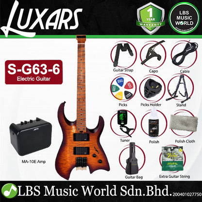 Luxars S-G63-6 Headless Electric Guitar HH Alnico V Pickups with Roasted Maple Fretboard and Package Amplifier (S G63 6)