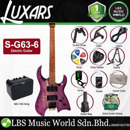 Luxars S-G63-6 Headless Electric Guitar HH Alnico V Pickups with Roasted Maple Fretboard and Package Amplifier (S G63 6)