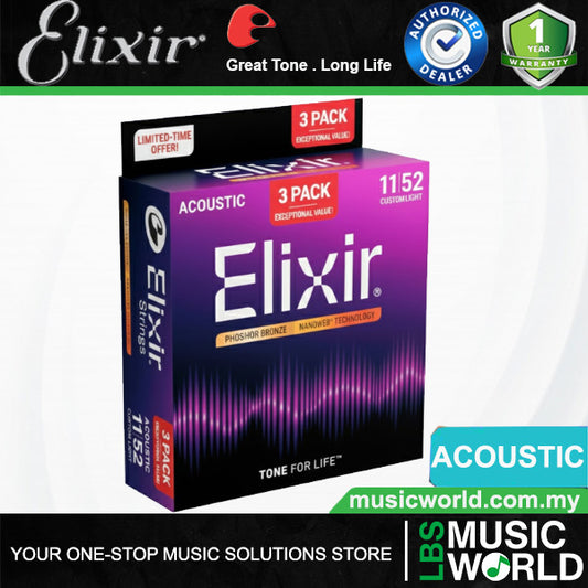 Elixir 16568 Nanoweb Acoustic Guitar String Phosphor Bronze Custom Light 3 Pack (11-52)