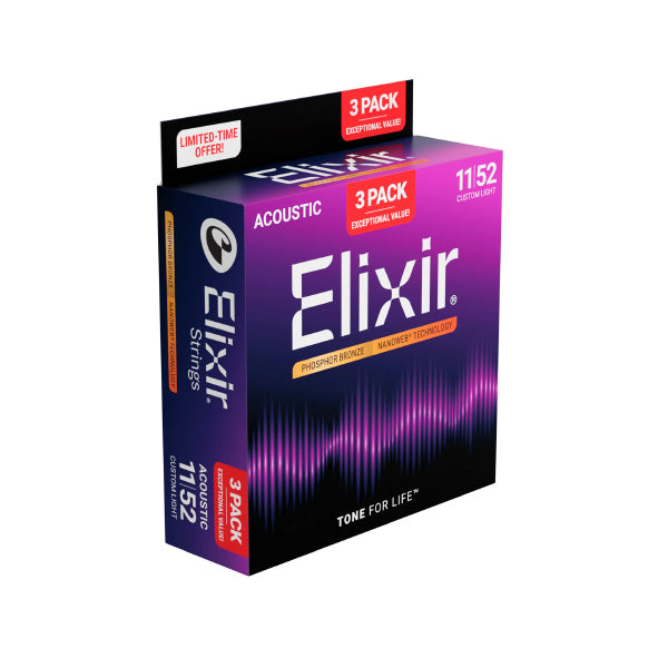 Elixir 16568 Nanoweb Acoustic Guitar String Phosphor Bronze Custom Light 3 Pack (11-52)