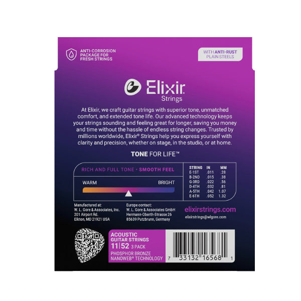 Elixir 16568 Nanoweb Acoustic Guitar String Phosphor Bronze Custom Light 3 Pack (11-52)