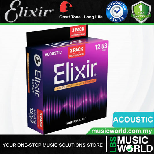 Elixir 16569 Nanoweb Acoustic Guitar String Phosphor Bronze Light Bright Smooth 3 Pack (12-53)