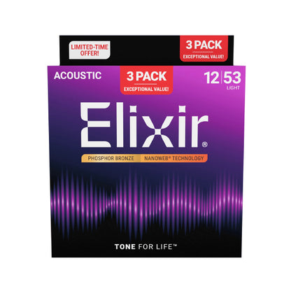 Elixir 16569 Nanoweb Acoustic Guitar String Phosphor Bronze Light Bright Smooth 3 Pack (12-53)