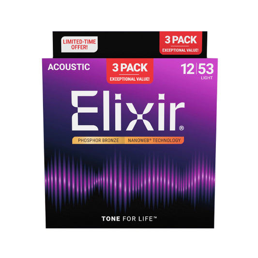 Elixir 16569 Nanoweb Acoustic Guitar String Phosphor Bronze Light Bright Smooth 3 Pack (12-53)