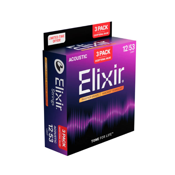 Elixir 16569 Nanoweb Acoustic Guitar String Phosphor Bronze Light Bright Smooth 3 Pack (12-53)