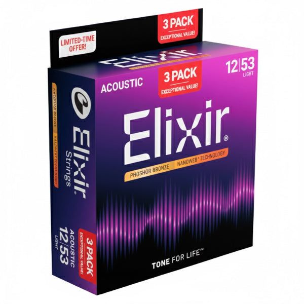 Elixir 16569 Nanoweb Acoustic Guitar String Phosphor Bronze Light Bright Smooth 3 Pack (12-53)