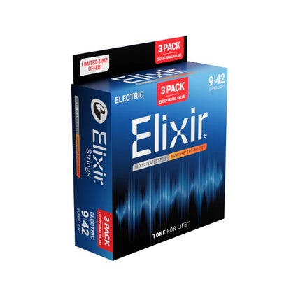 Elixir 16566 Nanoweb Electric Guitar String Super Light Bright Smooth 3 Pack (09-42)