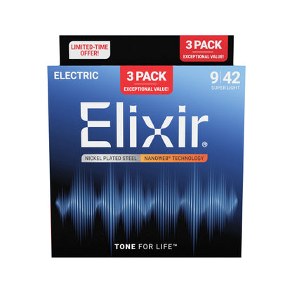 Elixir 16566 Nanoweb Electric Guitar String Super Light Bright Smooth 3 Pack (09-42)