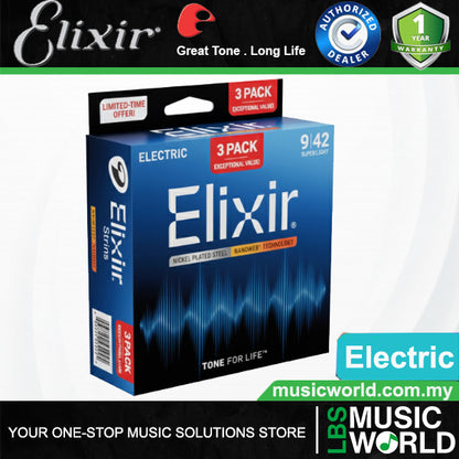 Elixir 16566 Nanoweb Electric Guitar String Super Light Bright Smooth 3 Pack (09-42)