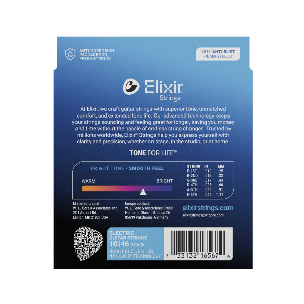 Elixir 16567 Nanoweb Electric Guitar String Light Smooth 3 Pack (10-46)