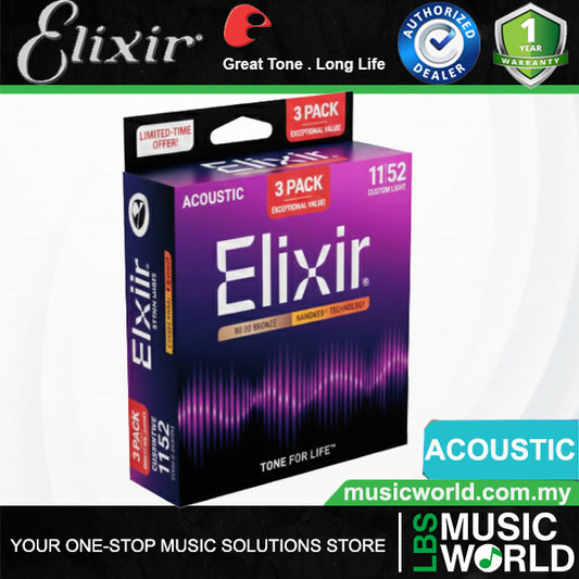 Elixir 16564 Nanoweb Acoustic Guitar String Bronze Light Bright Smooth 3 Pack (12-53)