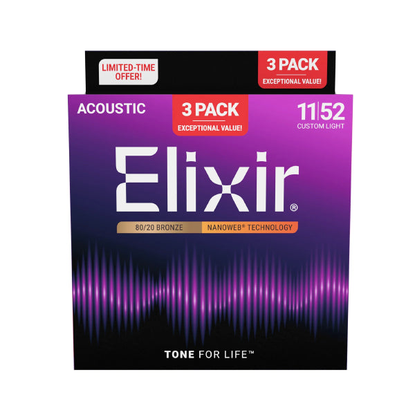 Elixir 16564 Nanoweb Acoustic Guitar String Bronze Light Bright Smooth 3 Pack (12-53)