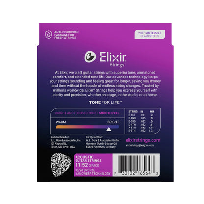 Elixir 16564 Nanoweb Acoustic Guitar String Bronze Light Bright Smooth 3 Pack (12-53)