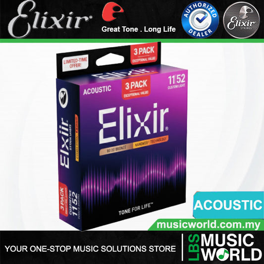 Elixir 16564 Nanoweb Acoustic Guitar String Bronze Light Bright Smooth 3 Pack (12-53)