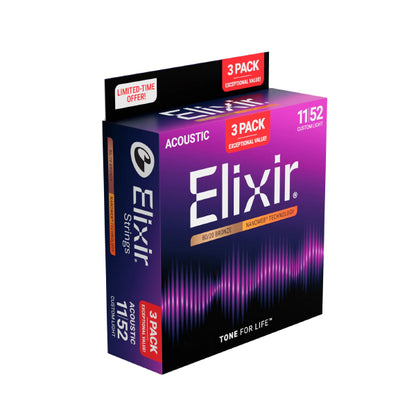 Elixir 16564 Nanoweb Acoustic Guitar String Bronze Light Bright Smooth 3 Pack (12-53)