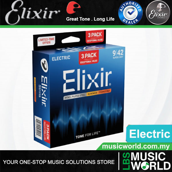 Elixir 16566 Nanoweb Electric Guitar String Super Light Bright Smooth 3 Pack (09-42)