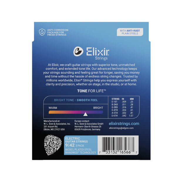 Elixir 16566 Nanoweb Electric Guitar String Super Light Bright Smooth 3 Pack (09-42)