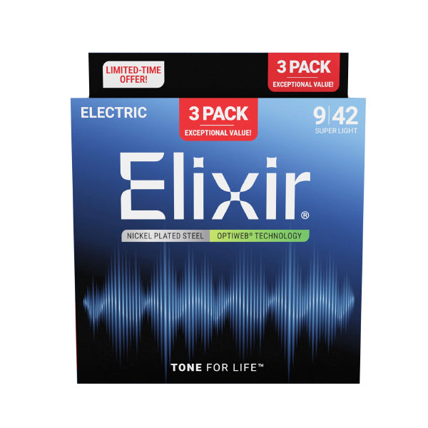 Elixir 16571 Optiweb Electric Guitar String Super Light Bright Smooth 3 Pack (09-42)