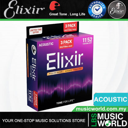 Elixir 16568 Nanoweb Acoustic Guitar String Phosphor Bronze Custom Light 3 Pack (11-52)