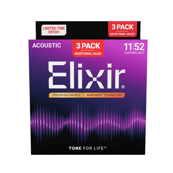 Elixir 16568 Nanoweb Acoustic Guitar String Phosphor Bronze Custom Light 3 Pack (11-52)