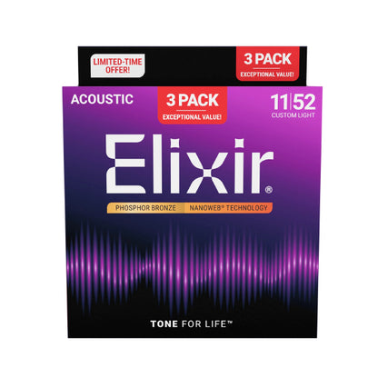 Elixir 16568 Nanoweb Acoustic Guitar String Phosphor Bronze Custom Light 3 Pack (11-52)