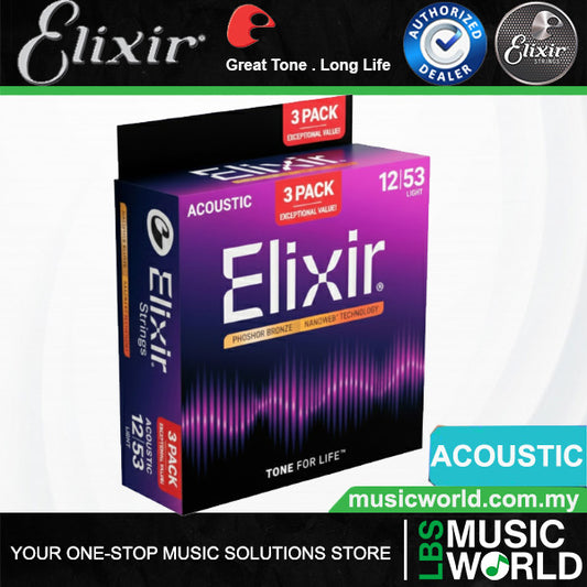 Elixir 16569 Nanoweb Acoustic Guitar String Phosphor Bronze Light Bright Smooth 3 Pack (12-53)
