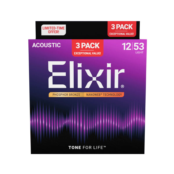 Elixir 16569 Nanoweb Acoustic Guitar String Phosphor Bronze Light Bright Smooth 3 Pack (12-53)