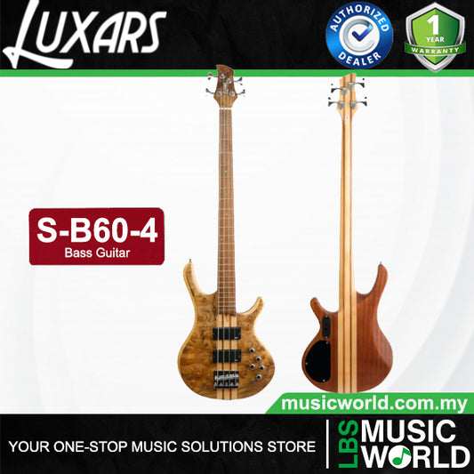 Luxars S-B60 4 String Bass Guitar Rare Burl Wood HH Pickups with Rosewood Fingerboard