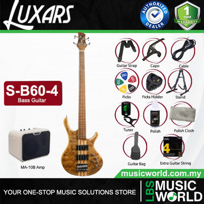 Luxars S-B60 4 String Bass Guitar Rare Burl Wood HH Pickups with Rosewood Fingerboard
