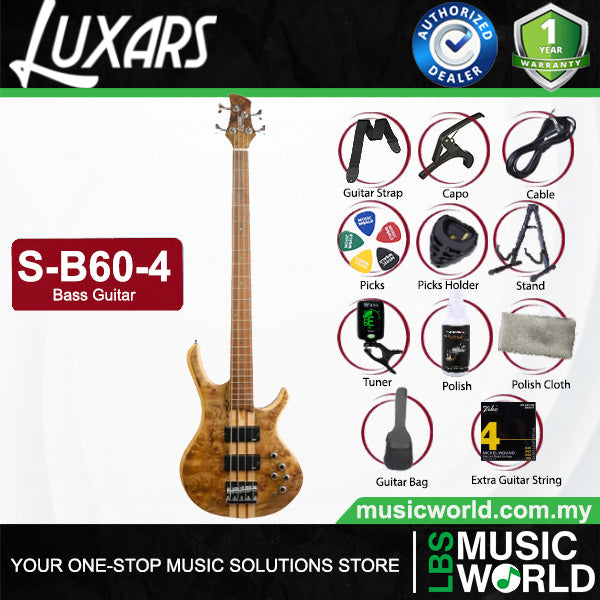 Luxars S-B60 4 String Bass Guitar Rare Burl Wood HH Pickups with Rosewood Fingerboard