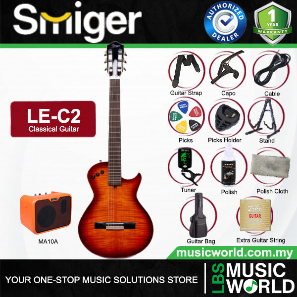 Smiger LE-C2 Okoume Body Flamed Maple Top Silent Classical Guitar With Alice String - Package